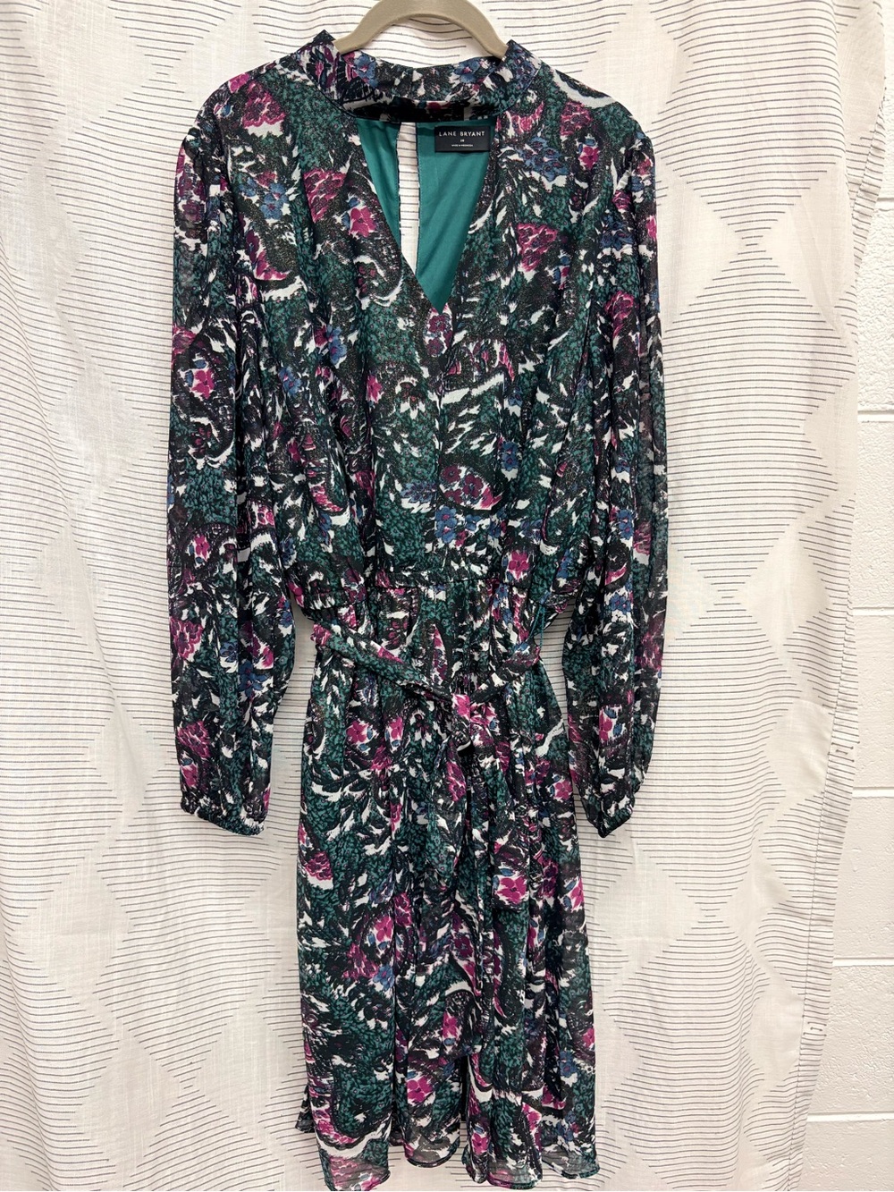 Lane Bryant Green Teal Floral Wrap-Style Long Sleeve Dress